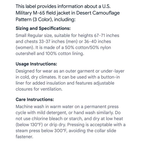 US ARMY‎ Centre MFG. Small Regular Desert Camo Cold Weather Field Coat/Jacket - Picture 8 of 8